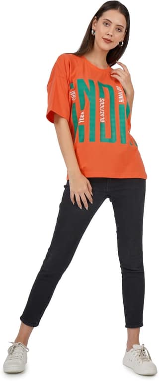 BlueFicus Printed Oversize Cotton Tshirt for Women Short Sleeve Tshirt for Casual Wear (Orage)