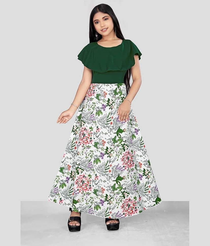 Aarya Creation Crepe Fit And Flare Dress For Girls ( Pack of 1 , Green )
