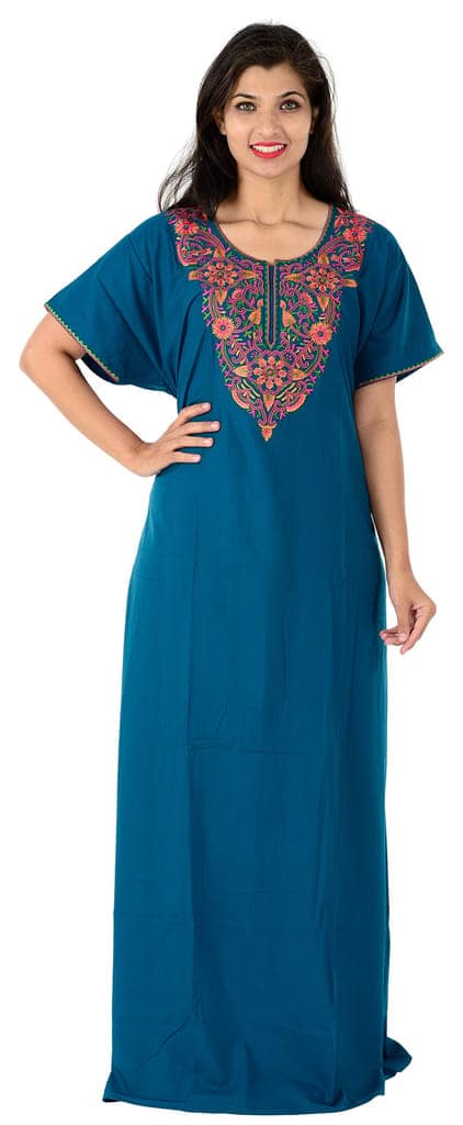 VALENCIA SLEEPWEAR Night Wear Printed Cotton Front Pleades Fabric Round Neck A Line Embroidery Gown Sleepwear view 5