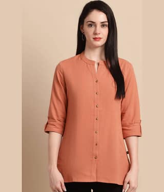 Pistaa Women Solid Cotton Shirt ( Rust )