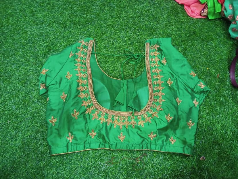 Green blouse with gotta patti work and pearl hangings view 2