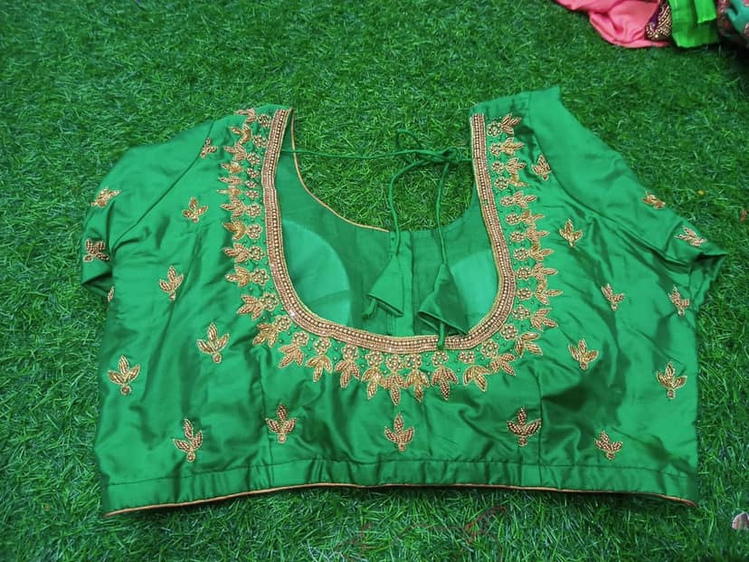 Green blouse with gotta patti work and pearl hangings view 3