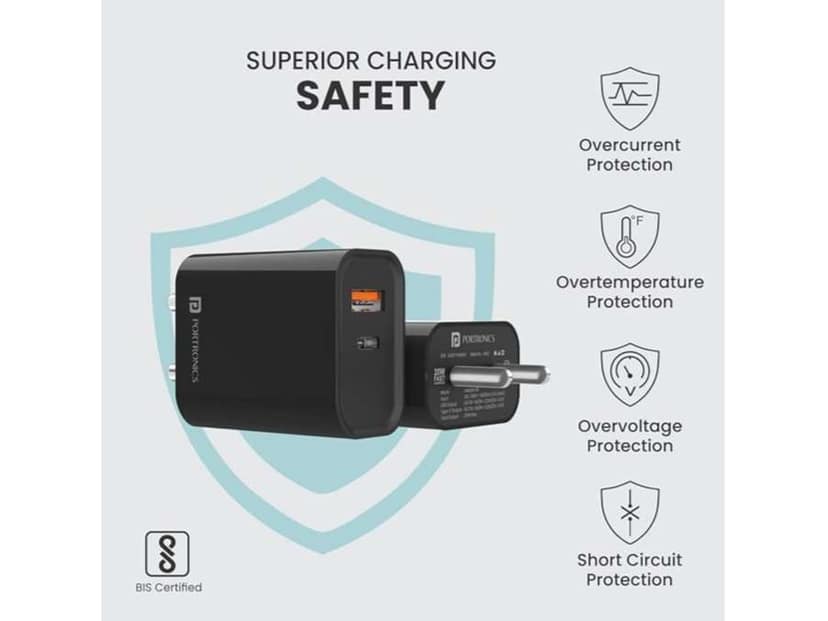 Portronics Adapto 45 22.5W Max Output USB & Type-C Dual Output Super Fast Charger,Wall Adapter Power Delivery 3.0& USB A Fast Charge Adaptor for iPhone,Android & Other Type C Enabled Devices - Black view 2