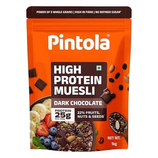 Pintola High Protein Muesli Dark Chocolate & Cranberry 1kg, 25g Protein, High Fibre, Trans Fat Free with Brown Sugar, Real Fruits, Muesli for Breakfast Food, Muselies Fruit Nuts and Seeds 1 kg