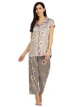 KOI SLEEPWEAR Satin Grey Rose Flowers Nightsuit for Women