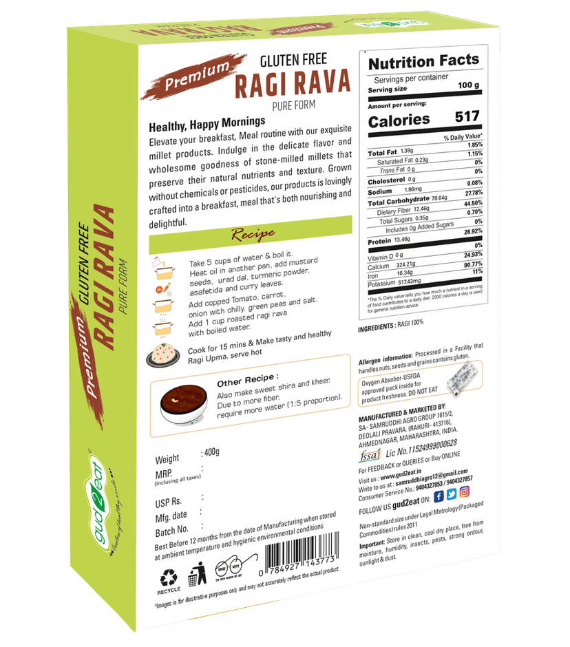 Gud2eat Ragi Rava | Gluten free | souce of calcium | tasty and delicious | 400g view 2