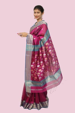 Sensuous Heritage Coin motif handwoven Saree with Tassels – Magenta