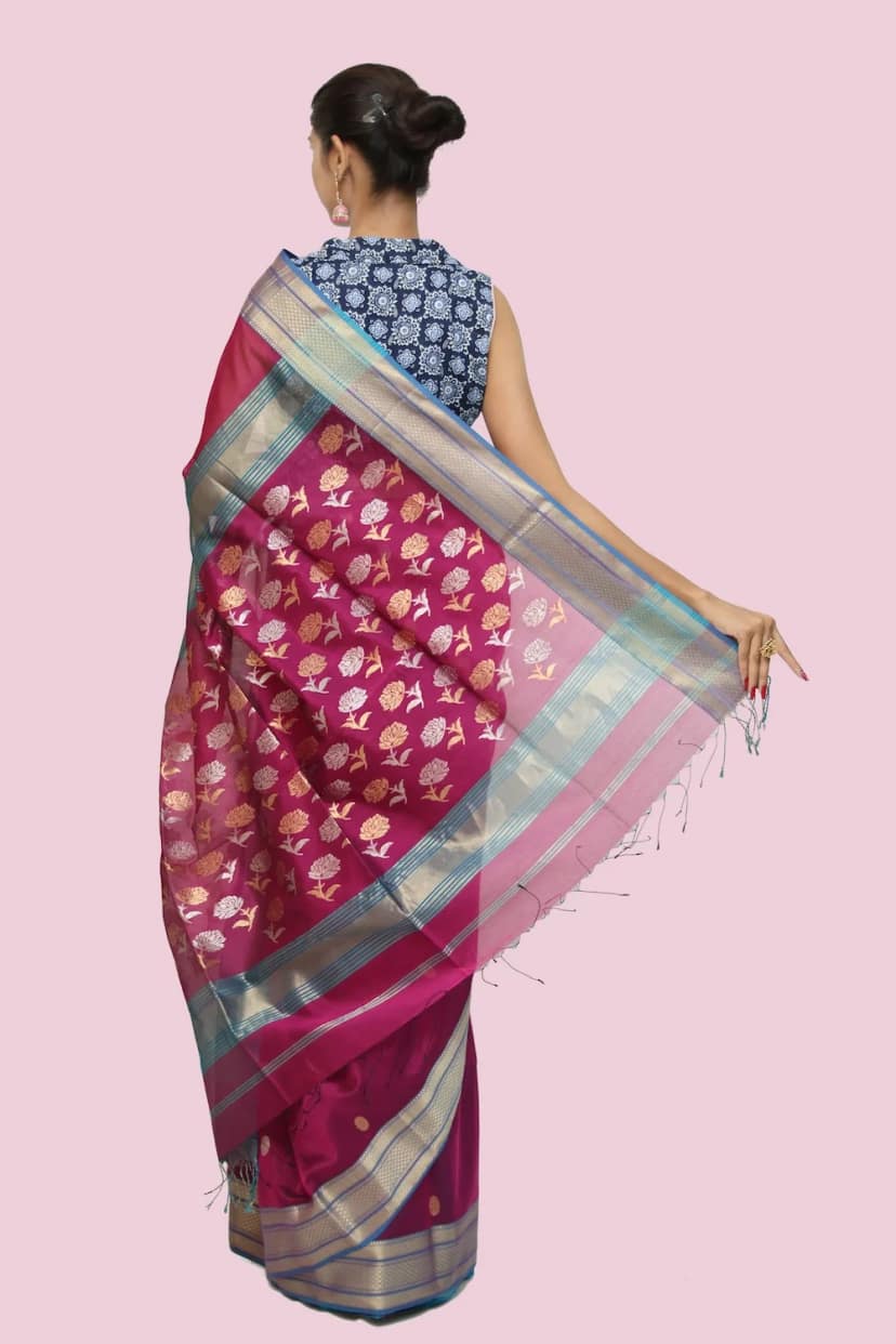 Sensuous Heritage Coin motif handwoven Saree with Tassels – Magenta view 4