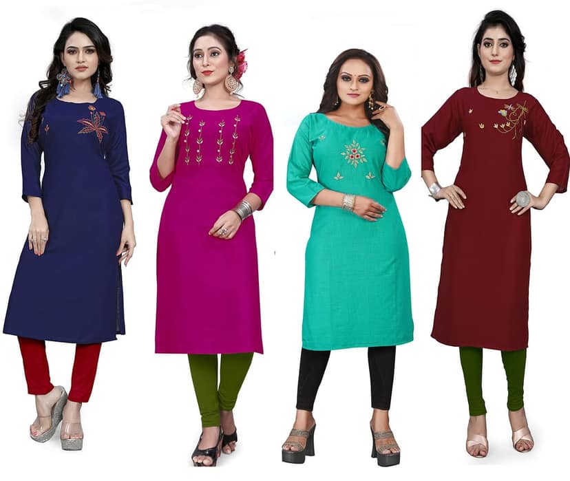 STYLEOO Rayon Embroidered Kurta/kurties for Women and Girls Combo Pack of 4, DARK BLUE, RANI, MAROON & SEA GREEN (M, L, XL, XXL )