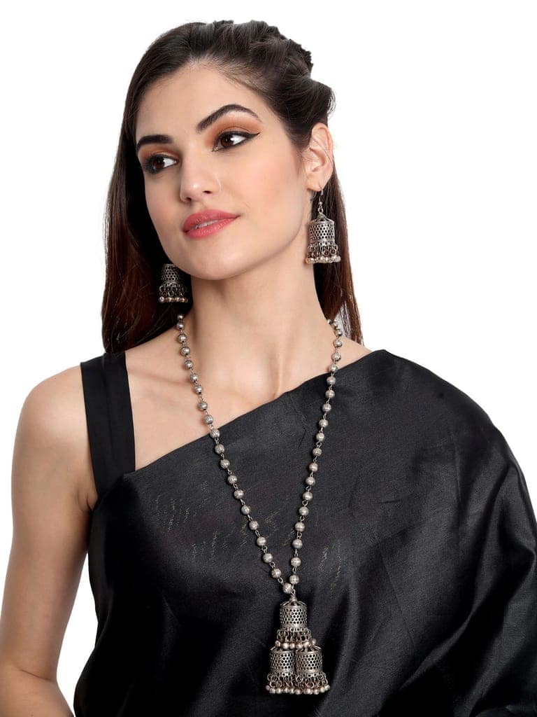 Cardinal Oxidized Silver Color Long Necklace Set