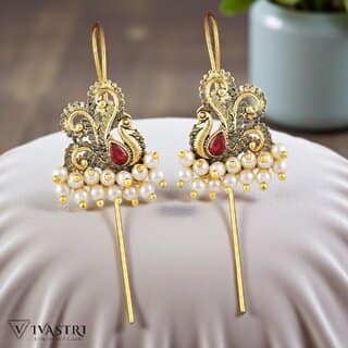 Vivastri Mayur Gold Plated Pearl Alloy Kanphool Guttapusalu Ear cuff,Cuff Earrings for Women & Girls - VIVA2839ERG-RED