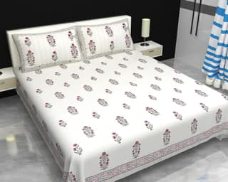 Cotton hand block printed king size bedsheet with pillow covers ( 100 x 108 inches) - Pink Grey Plant