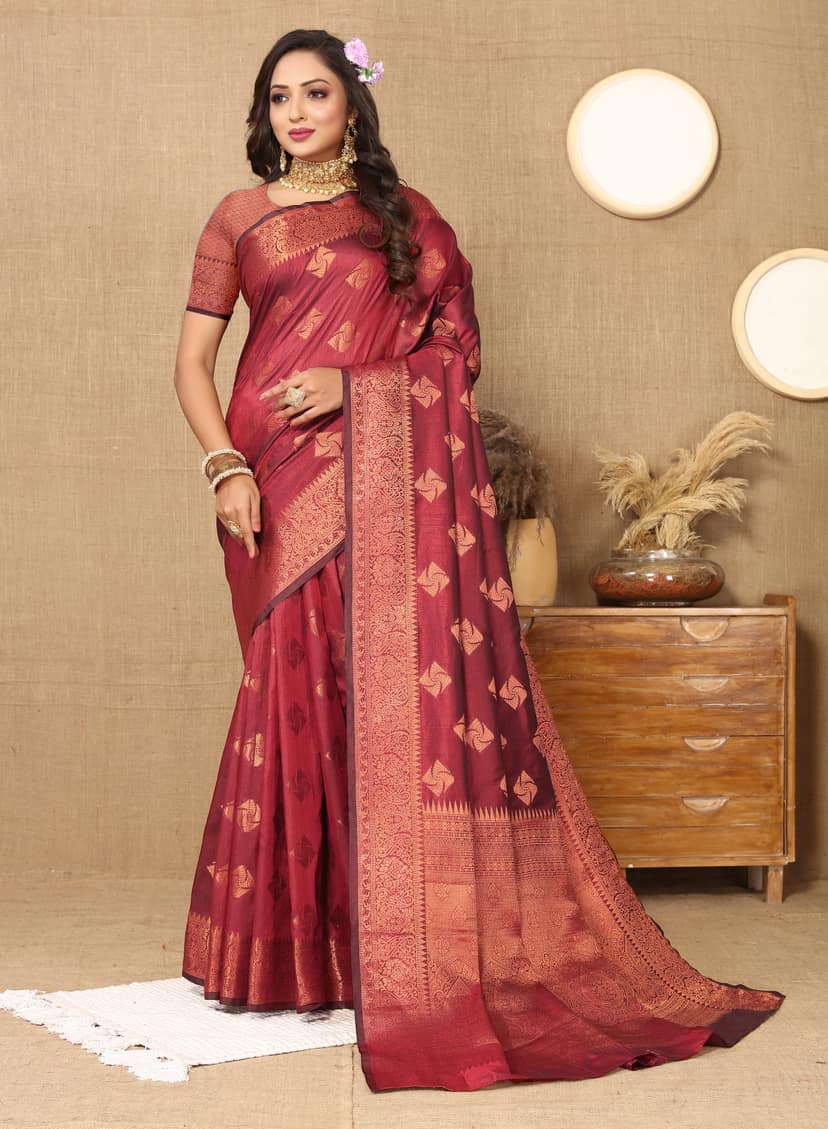 Soft katan silk saree with copper zari weawing... view 2