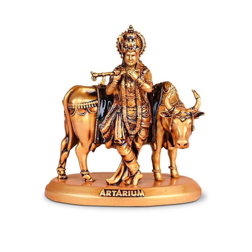 Artarium Handcrafted Krishna with Kamdhenu Cow Idol Murti Statue Janmashtami Diwali Showpiece Kanha with Action Cow for Car Dashboard Home Decor Office & Table Decorative (Gopal Krishna 3.5 Inch)