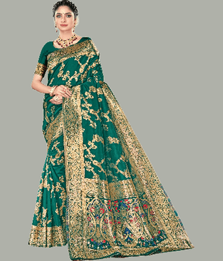 GARIYA Banarasi Silk Embellished Saree With Unstitched Blouse Piece ( Navy Blue )
