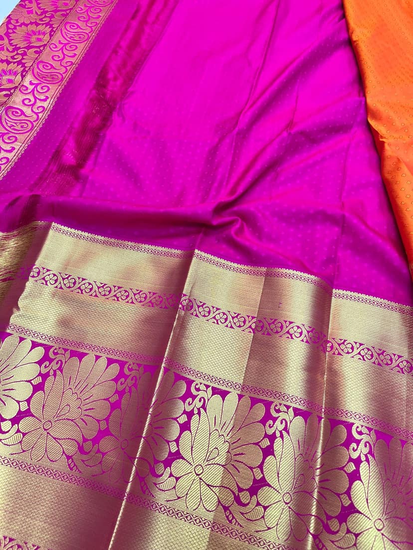 Dark Orange Color Long Border Saree with Gold Zari work Contrast Pallu and Plain Bordered Blouse view 2