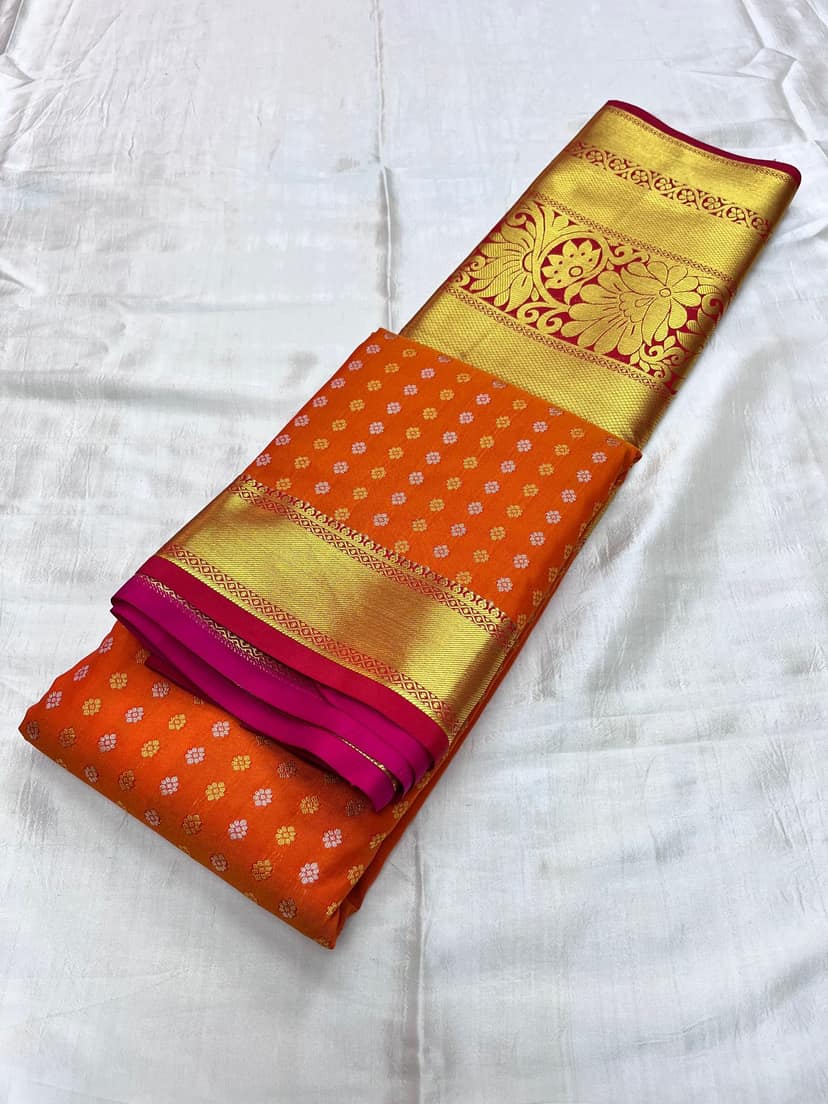 Dark Orange Color Long Border Saree with Gold Zari work Contrast Pallu and Plain Bordered Blouse view 3