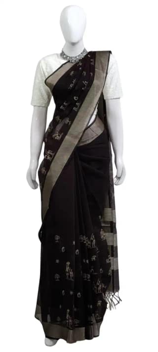 Saura Art Cotton Saree Charcoal Black Tribal Figures