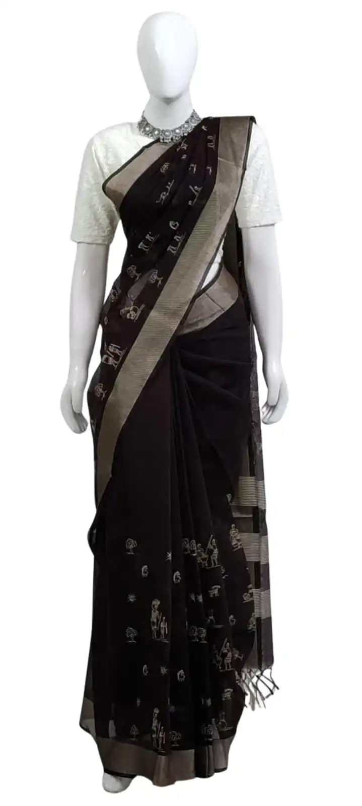 Saura Art Cotton Saree Charcoal Black Tribal Figures
