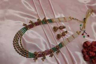 Traditional Gold Plated Pearl & Beaded Choker Necklace Set with Jhumka Earrings