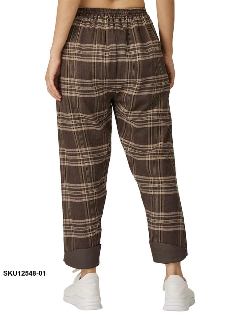 Women's Brown Plaid Cotton Casual Trousers with Elasticated Waist
