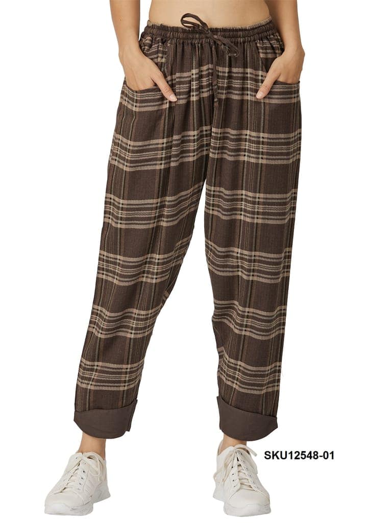 Women's Brown Plaid Cotton Casual Trousers with Elasticated Waist view 3