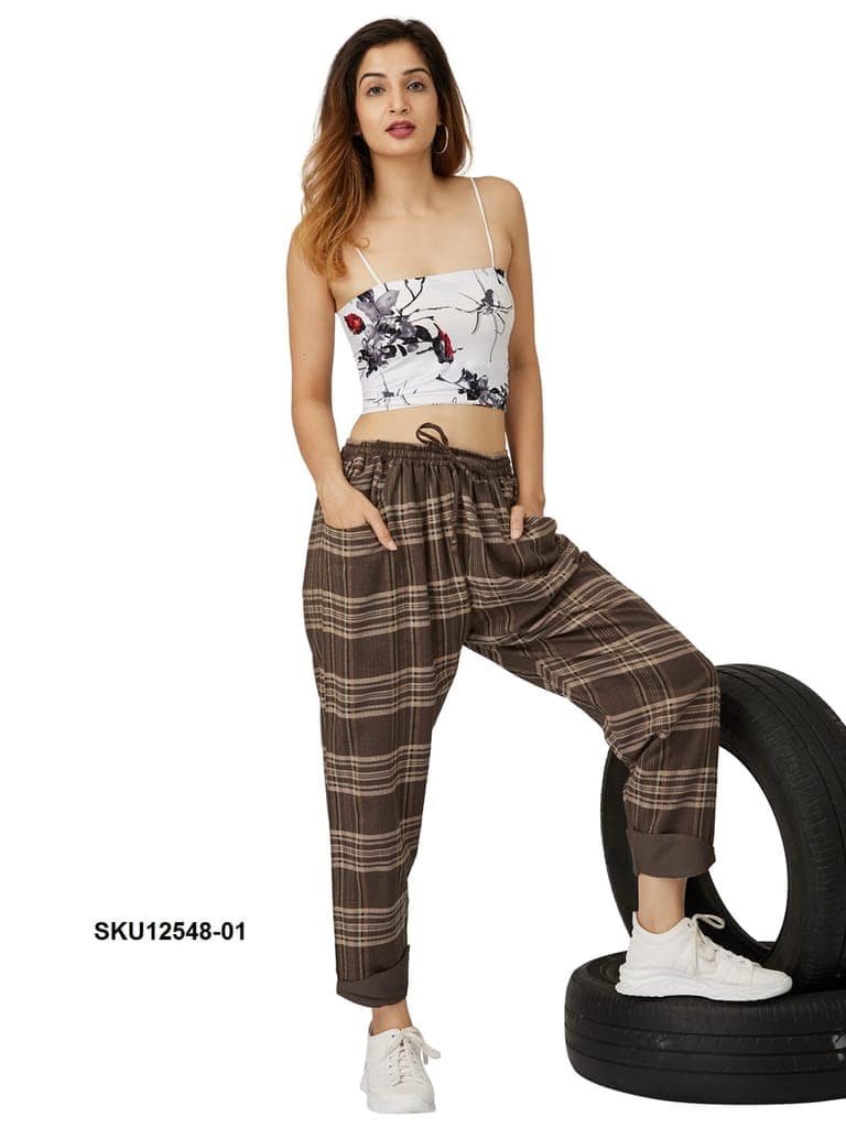 Women's Brown Plaid Cotton Casual Trousers with Elasticated Waist view 4
