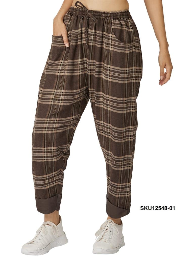 Women's Brown Plaid Cotton Casual Trousers with Elasticated Waist view 6