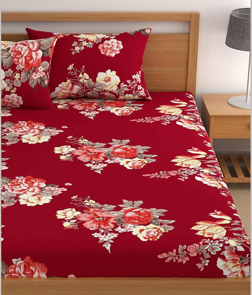 CG HOMES Microfibre Floral Fitted bedsheet with 2 Pillow Covers ( Double Bed ) - Red view 2