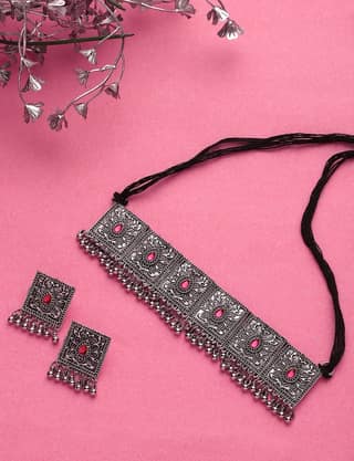 Cardinal Oxidized Silver Color Pink Stone Choker Necklace Set