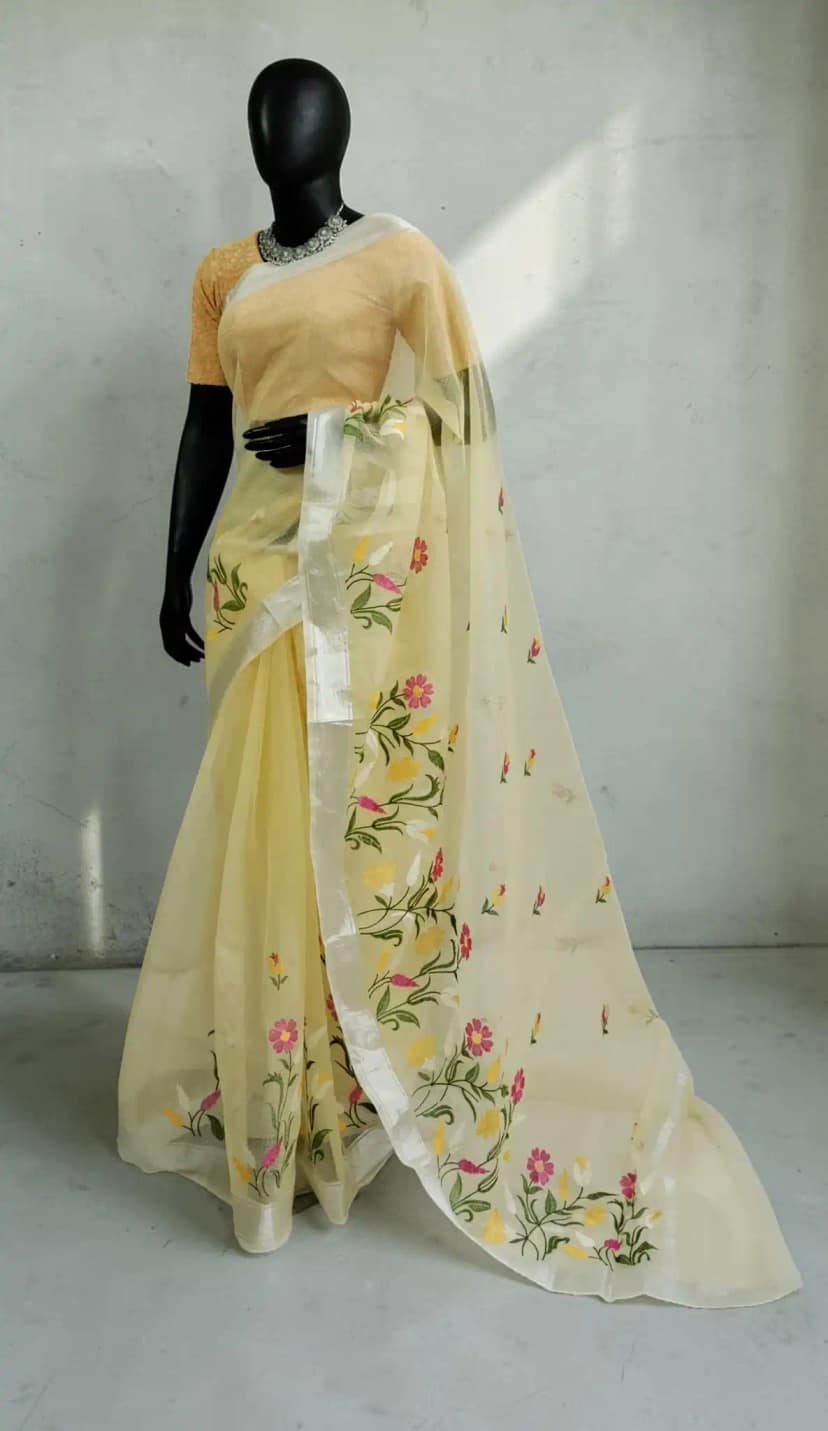 Kota Doria Cotton-Silk Saree in Light Butter Yellow with Zari Border view 2