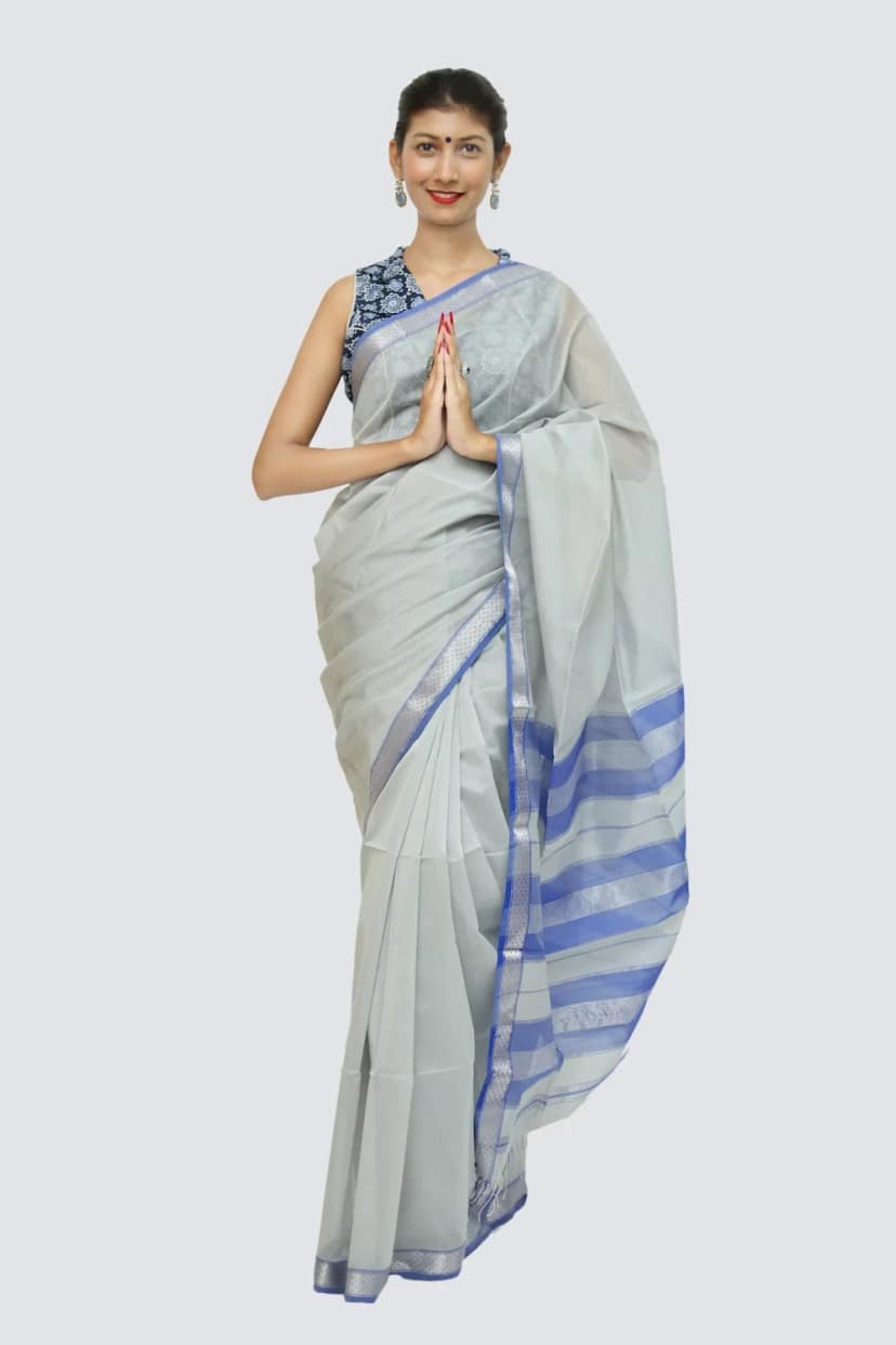 Epic Silver Brocade handwoven Saree with Tassels view 3
