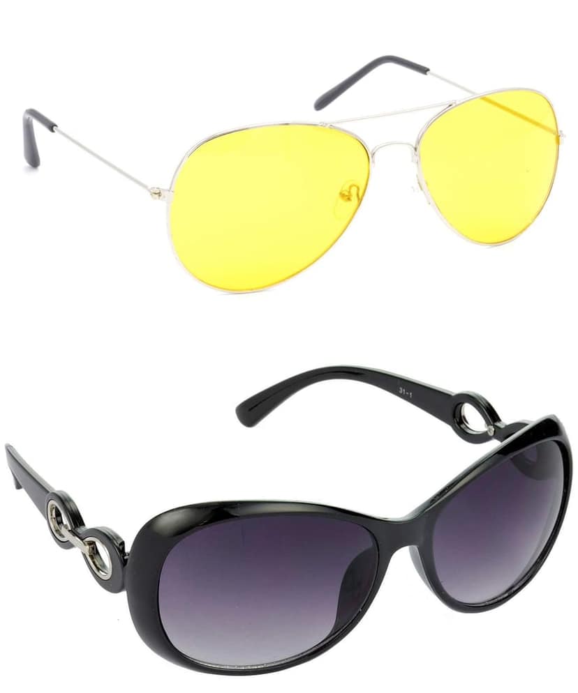 HRINKAR Unisex Pilot Sunglasses Silver & Black Frame, Yellow & Grey Lens (Medium) - Pack of 2