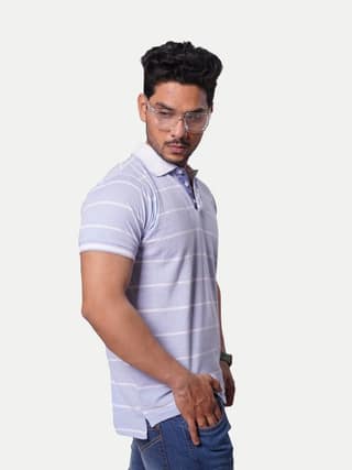 Men Blue Striped Cotton Polo T-shirt
