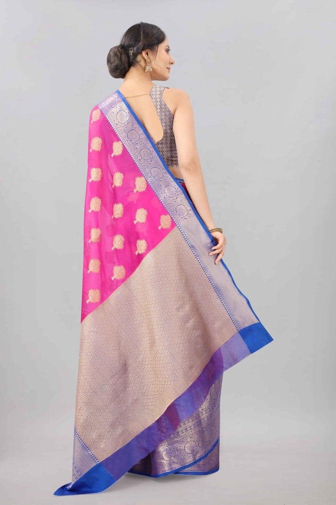 Pink &amp; Gold Zari Woven Banarasi Silk Saree view 3