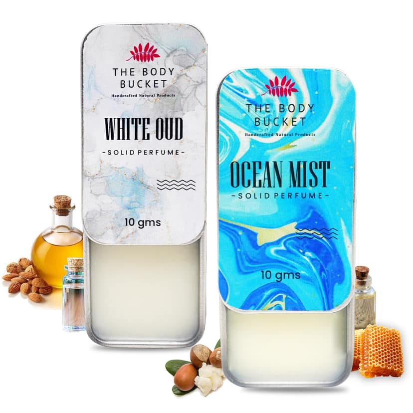 The Body Bucket Combo of Ocean Mist & White Oud Solid Perfume- 10 Gms each | Alcohol Free- Pocket Friendly & Easy to Apply, Non-Greasy Cologne Balm | Unisex Gifting Collection The Body Bucket Combo of Ocean Mist & White Oud Solid Perfume- 10 Gms each | A