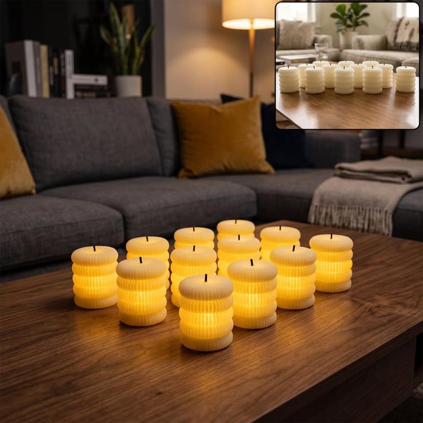 Decorative Flameless LED Candle Set Ribbed Pillar Warm Glow Light