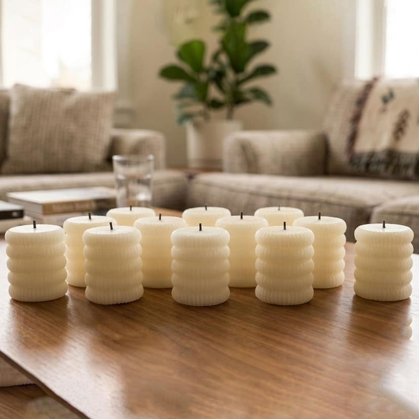 Decorative Flameless LED Candle Set Ribbed Pillar Warm Glow Light view 2