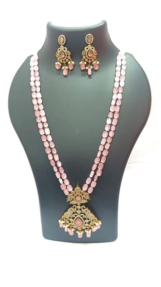 Pink Stone Necklace Set with Golden Pendant and Earrings