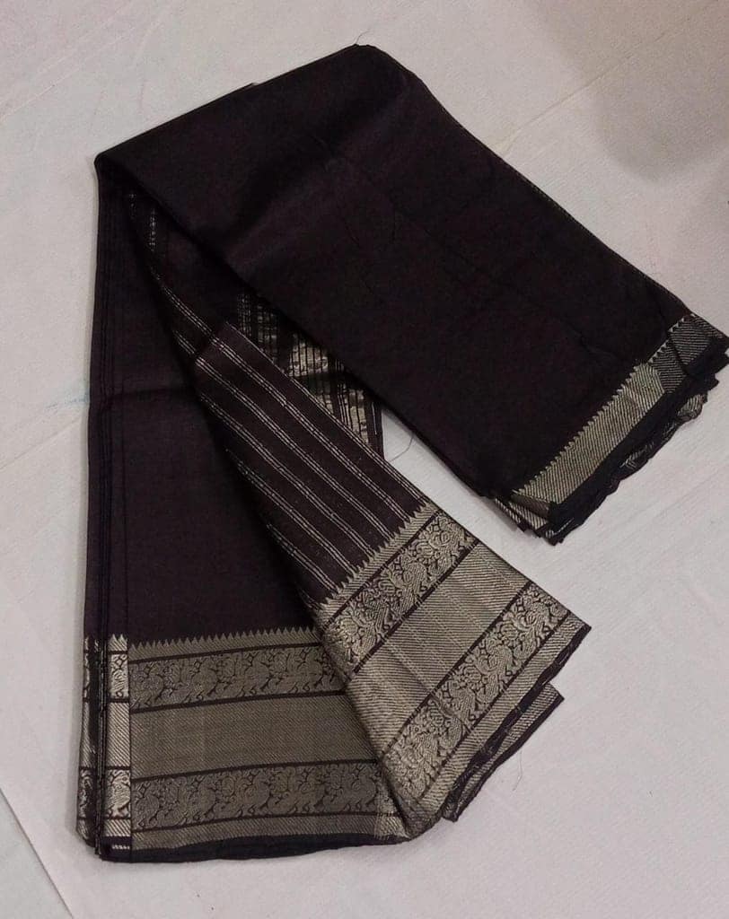 Pure Handloom Chocolate Brown Saree With Silver Zari Border view 3