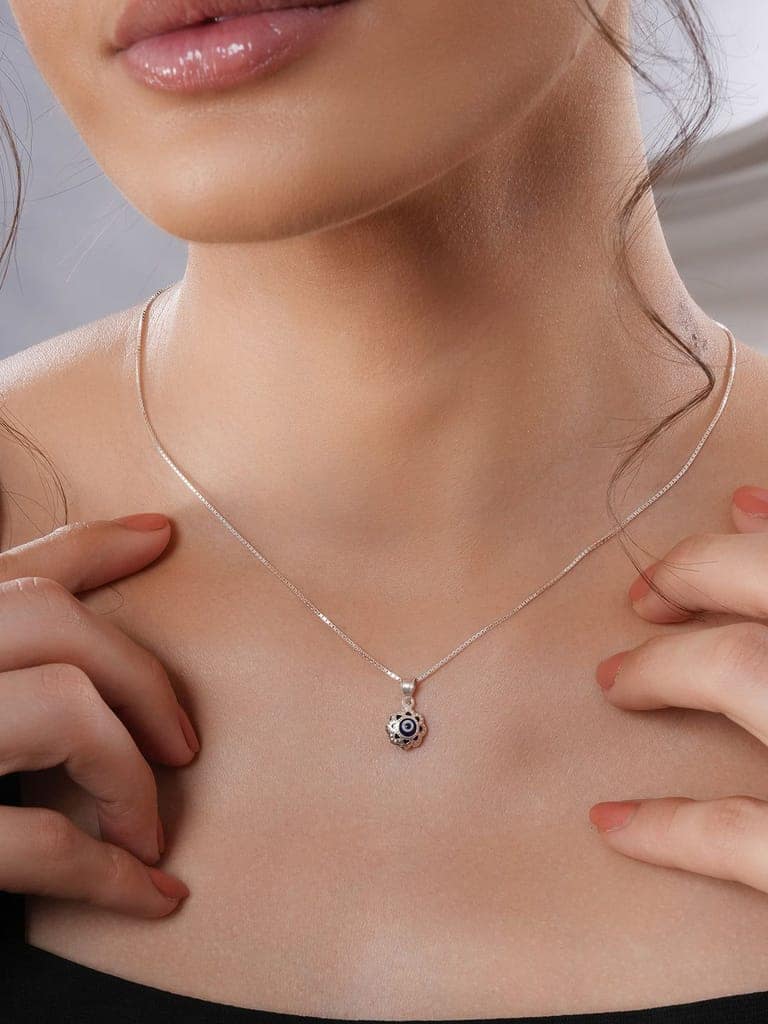 925 Sterling Silver Rhodium Plated Minimal Evil Eye Locket Pendant Necklace & Chain view 2