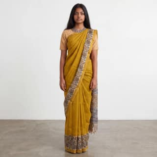 Pedana Kalamkari Block Print Saree Mustard Yellow