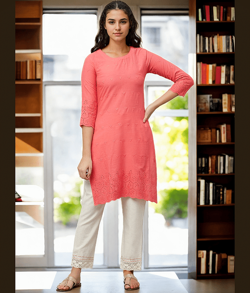 AMIRA'S INDIAN ETHNICWEAR Cotton Embroidered Straight Women's Kurti - Peach ( Pack of 1 )