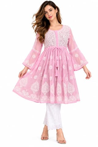 Mrs Right Women’s Short Georgette Gown Frock with Handcrafted Lucknowi Chikankari Embroidery | Umbrella Sleeves | Adjustable Waist Belt | Thigh Length