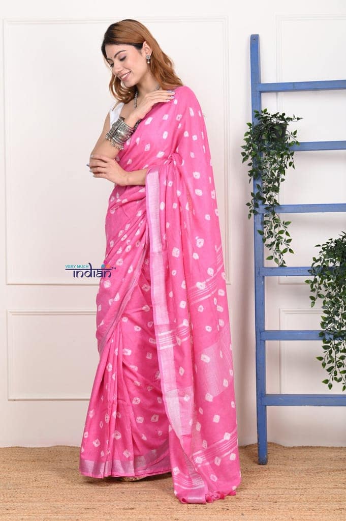 EXCLUSIVE! Handmade Tie and Dye Cotton Bindu Powder Pink Saree By Women Weavers view 2