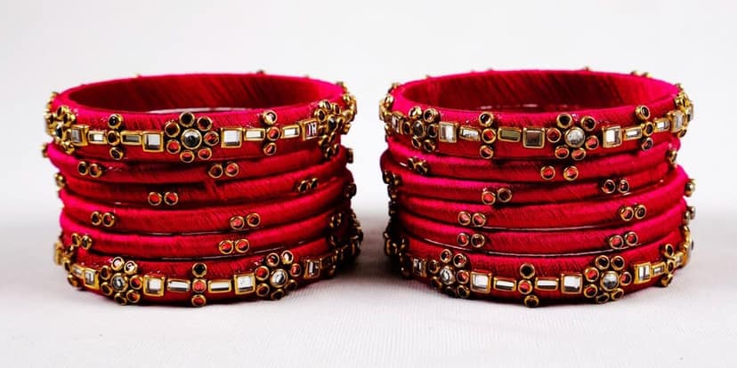 Set of 16, Pink Silk Thread Bangle with Rhinestone