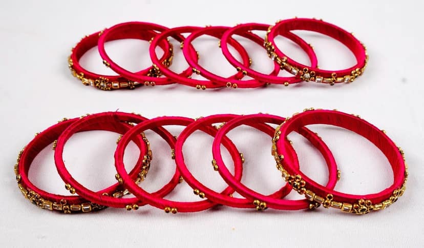 Set of 16, Pink Silk Thread Bangle with Rhinestone view 2