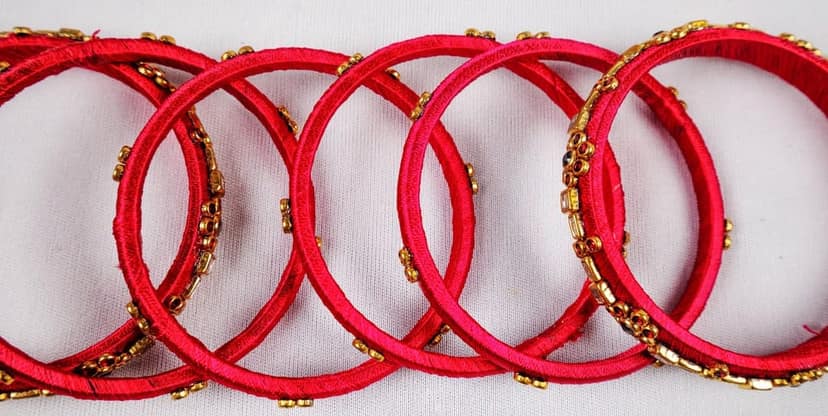 Set of 16, Pink Silk Thread Bangle with Rhinestone view 3