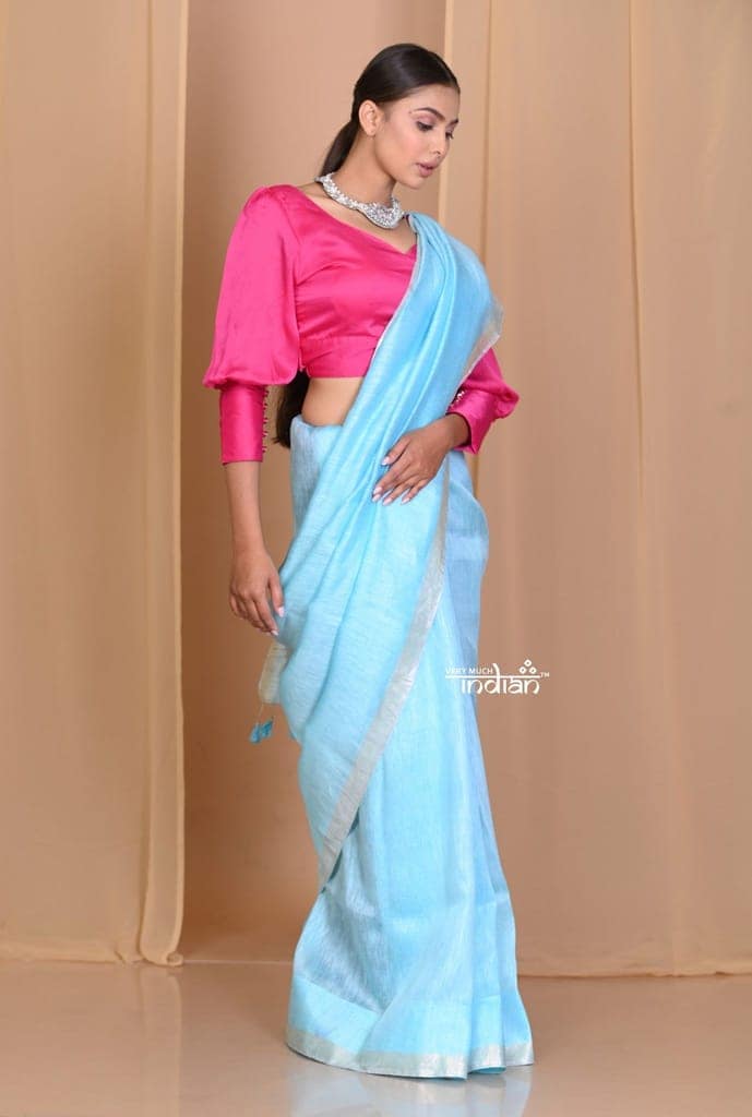 Pehal~ Plain Sea Blue Linen Silk with Sleek Border & Plain Pallu view 2