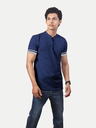 Men Solid Tees Henley Neck- Navy Colour